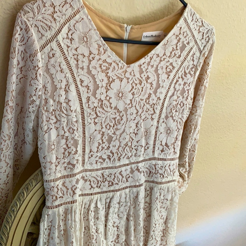 Long white lace detail dress